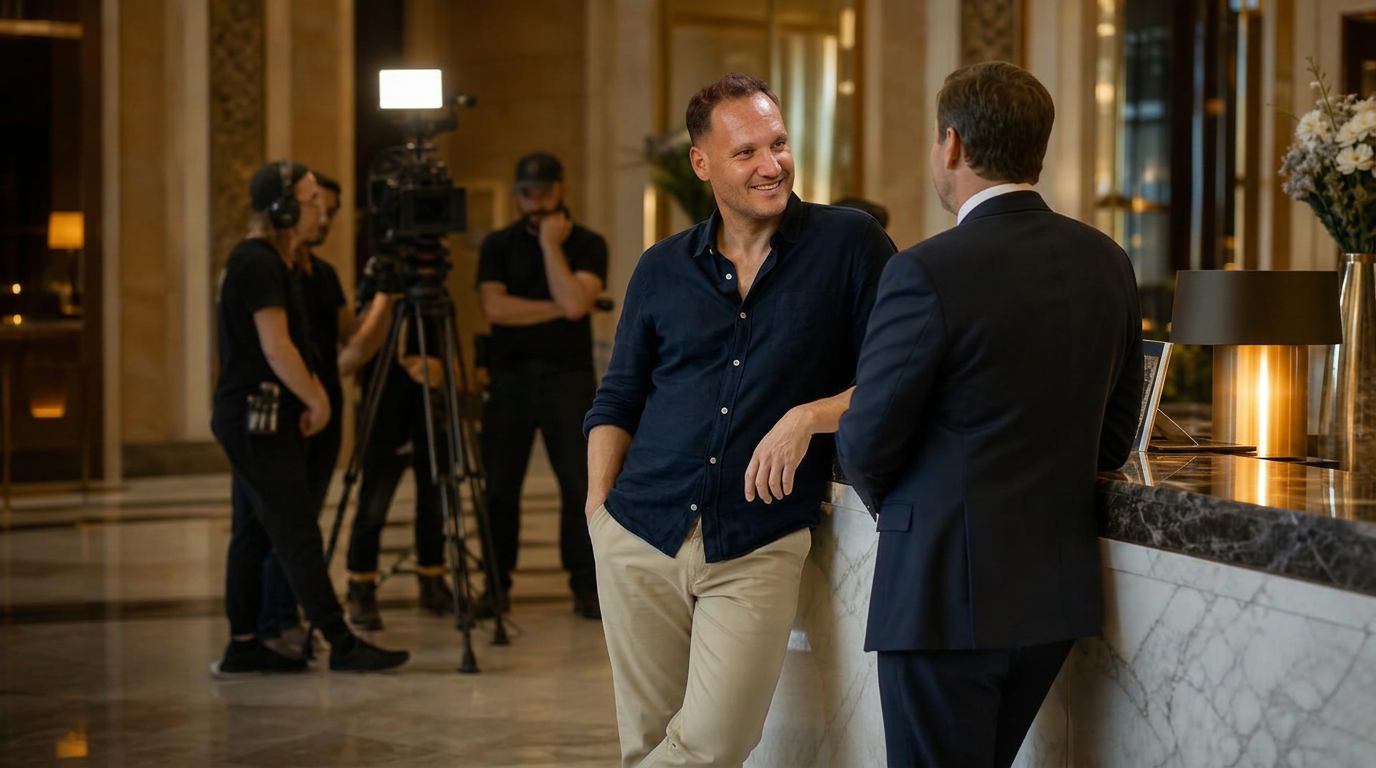 Végávári Tibor egy elegáns szálloda lobbijában beszélget egy üzletemberrel, a stáb a háttérben